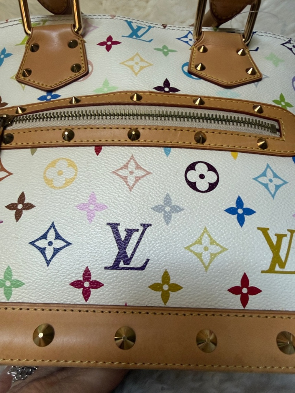 Louis Vuitton White Murakami Multicolor Monogram Alma Satchel with Tan Trim - Picture 3 of 9